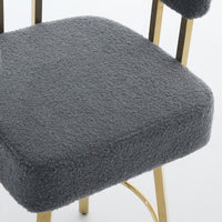 Fara Barstool Chair Set of 2, Foam Fill Gray Teddy Fleece, Gold Metal