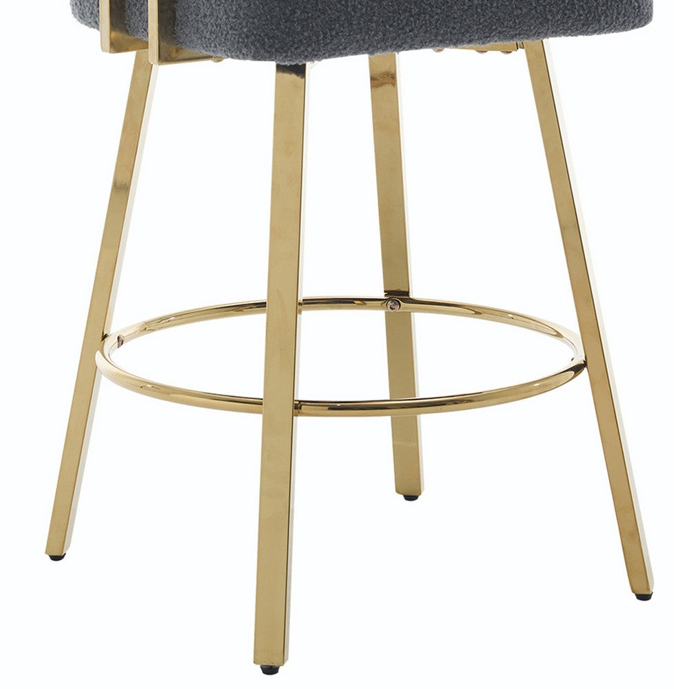 Fara Barstool Chair Set of 2, Foam Fill Gray Teddy Fleece, Gold Metal