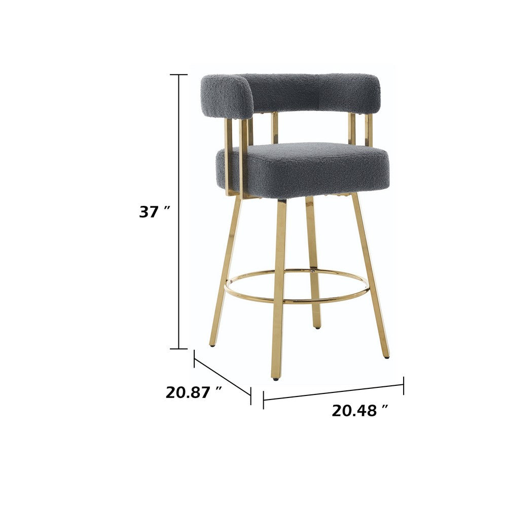 Fara Barstool Chair Set of 2, Foam Fill Gray Teddy Fleece, Gold Metal