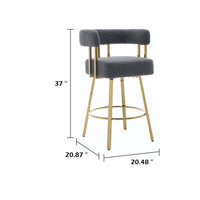Fara Barstool Chair Set of 2, Foam Fill Gray Teddy Fleece, Gold Metal