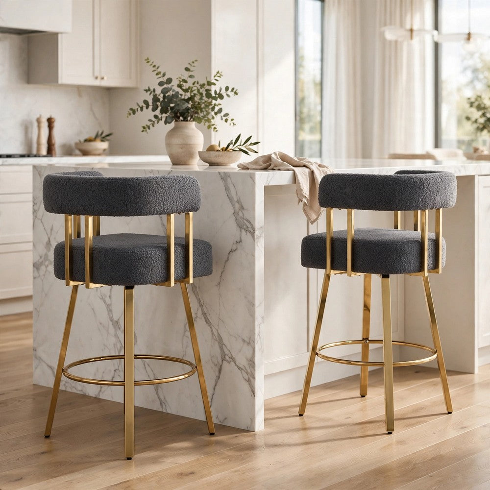 Fara Barstool Chair Set of 2, Foam Fill Gray Teddy Fleece, Gold Metal