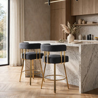 Fara Barstool Chair Set of 2, Foam Fill Gray Teddy Fleece, Gold Metal