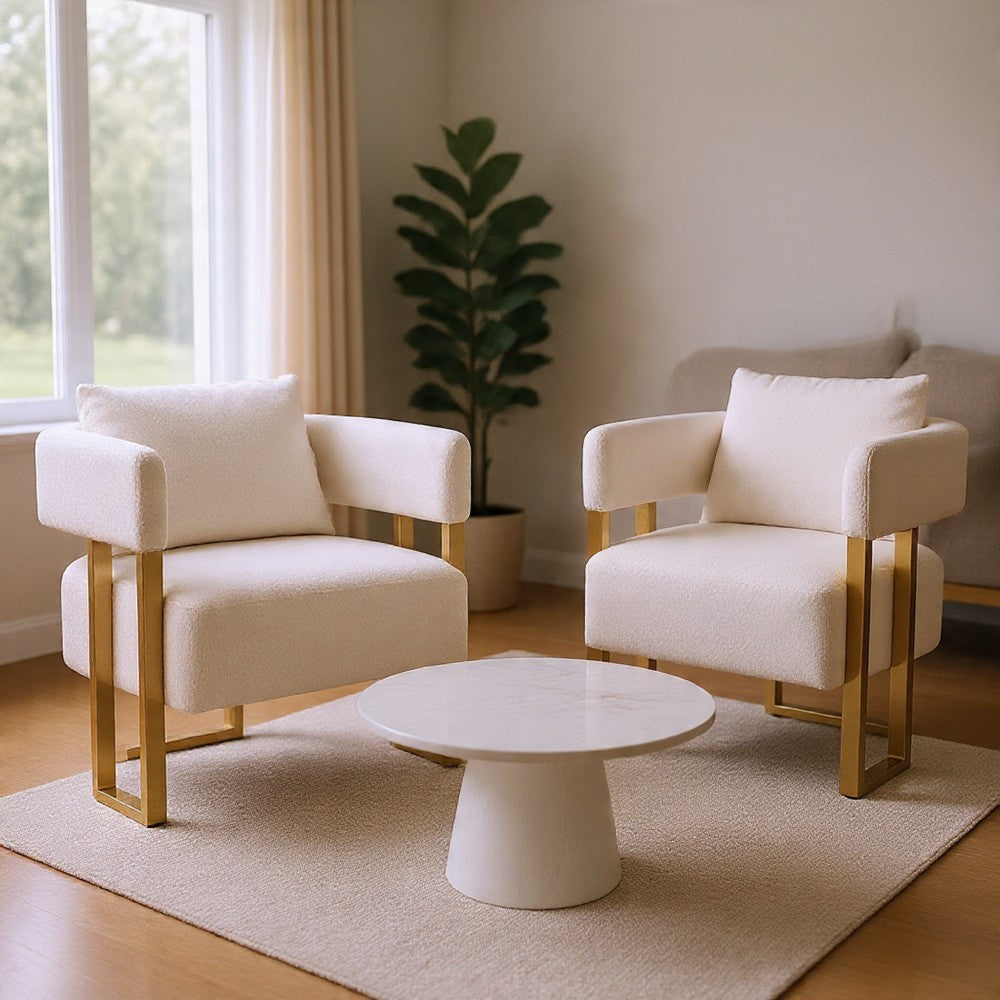 Sery Accent Arm Chair Set of 2, White Teddy Fleece, Gold Square Legs
