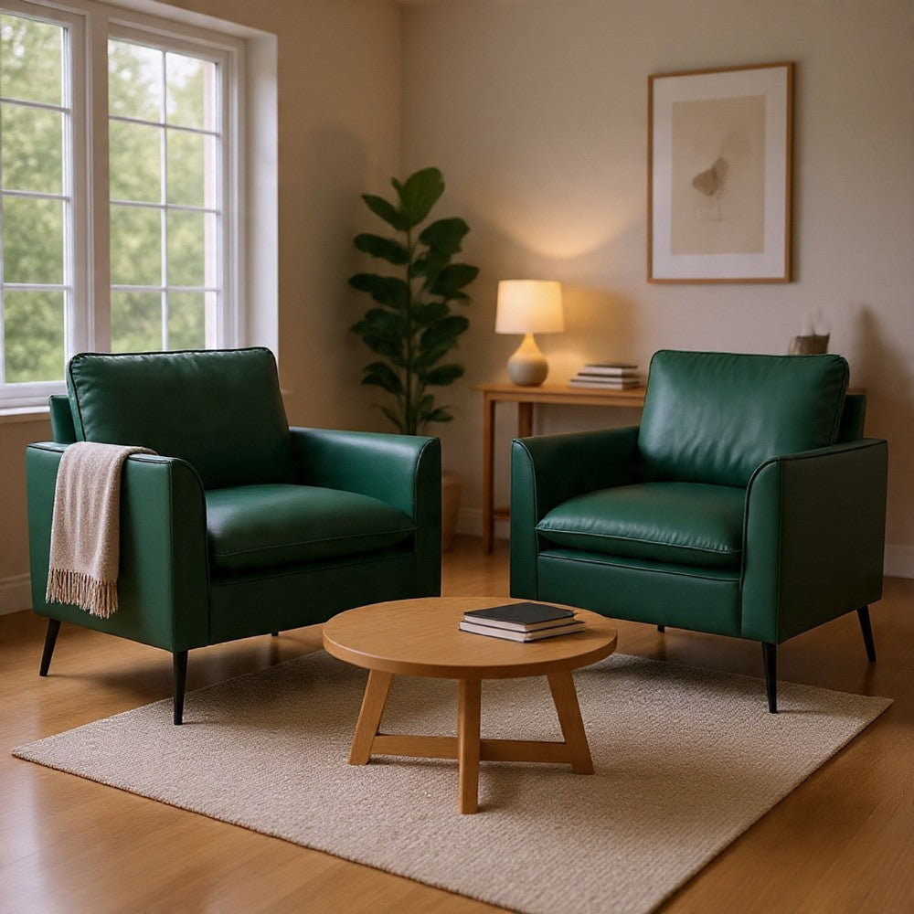 Heya Lounge Sofa Chair Set of 2, Track Arms, Green Faux Leather
