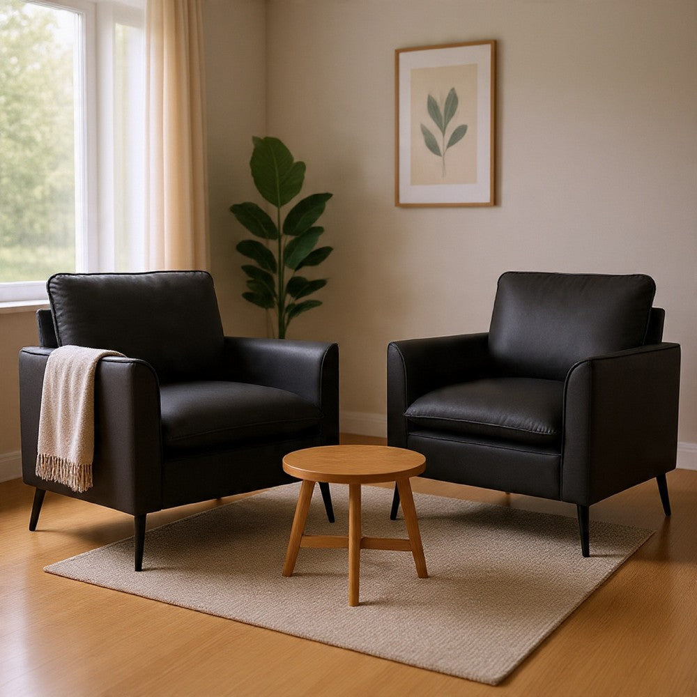 Heya Lounge Sofa Chair Set of 2, Track Arms, Black Faux Leather