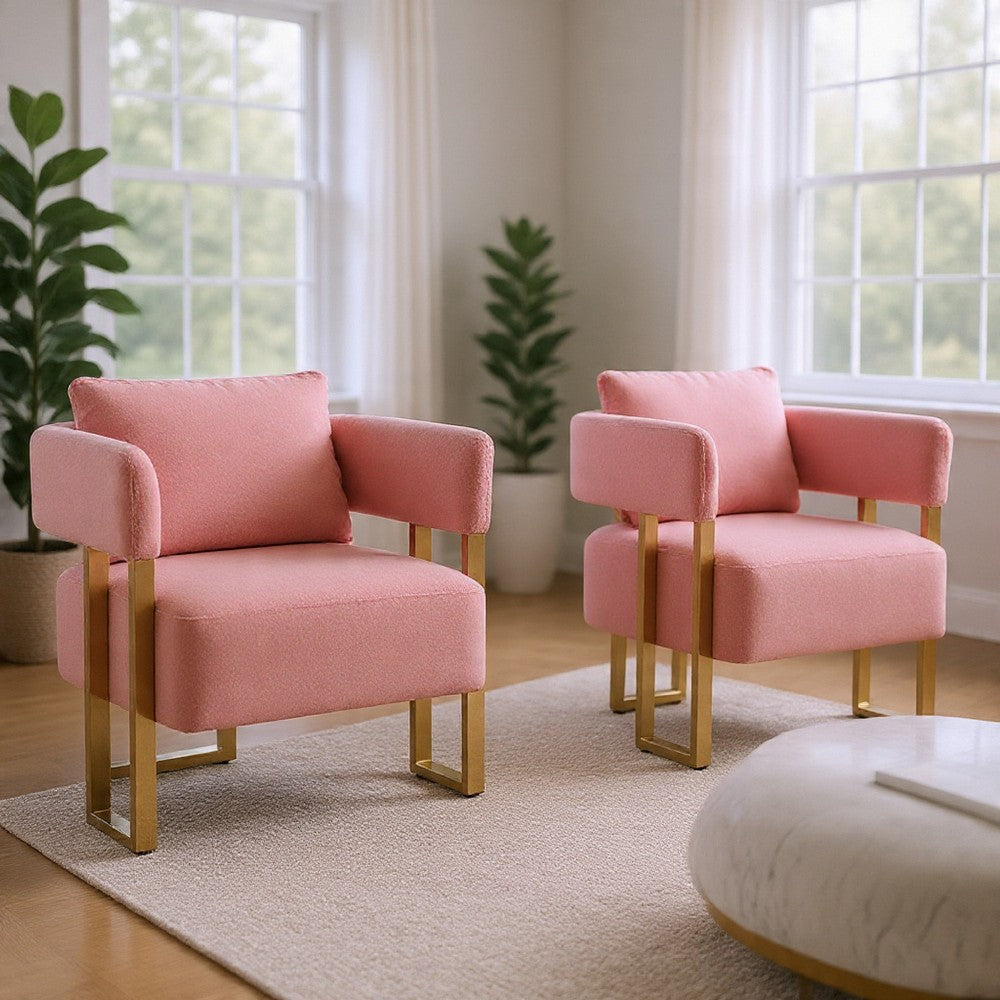 Sery Accent Sofa Chair Set of 2, Pink Teddy Fleece, Gold Square Legs