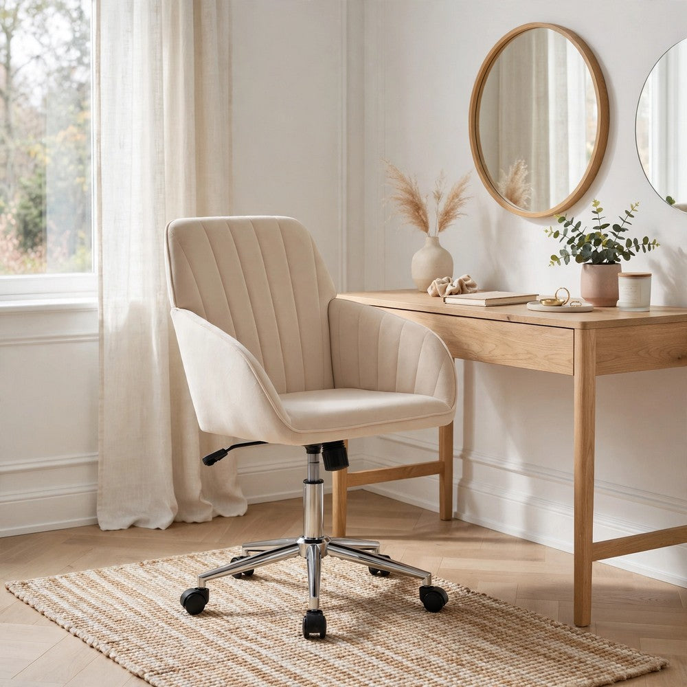 Kena Swivel Office Chair, Khaki Tufted Velvet, Adjustable Height