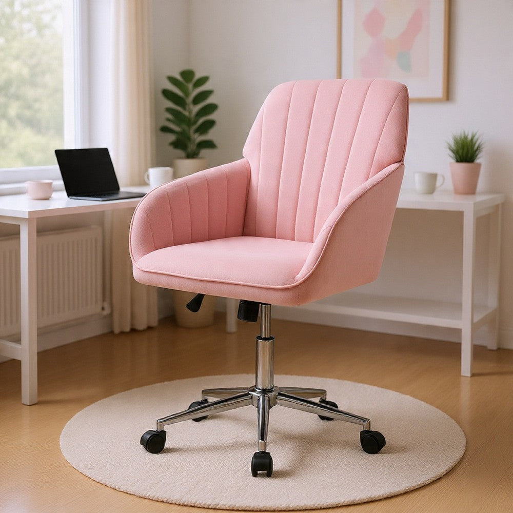 Kena Swivel Office Chair, Baby Pink Tufted Velvet, Adjustable Height