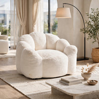 Lery Lotus Accent Sofa Chair, Compressed Bean Bag, White Faux Fur