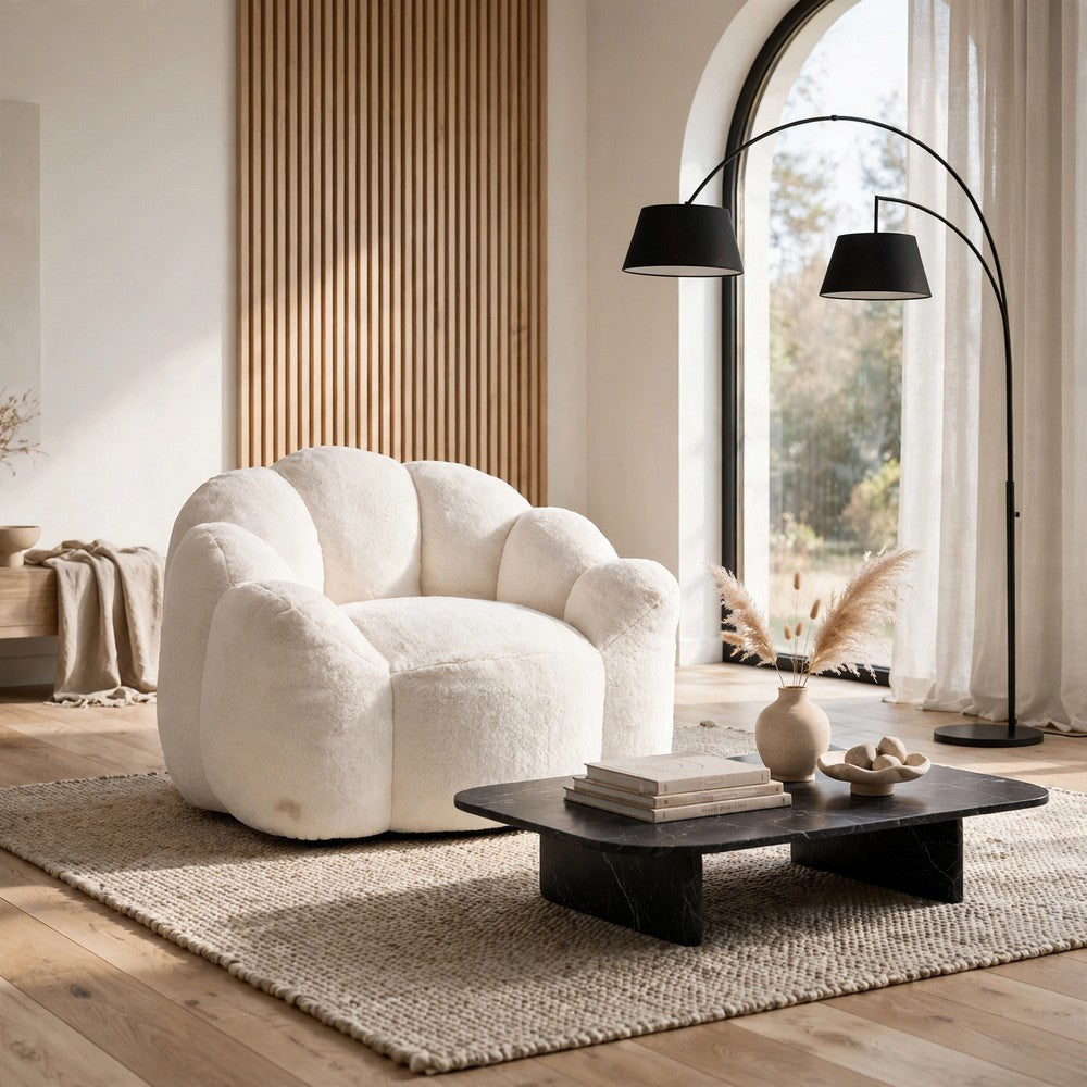 Lery Lotus Accent Sofa Chair, Compressed Bean Bag, White Faux Fur