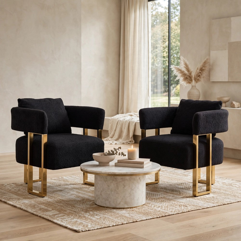 Sery Accent Sofa Chair Set of 2, Black Teddy Fleece, Gold Square Legs