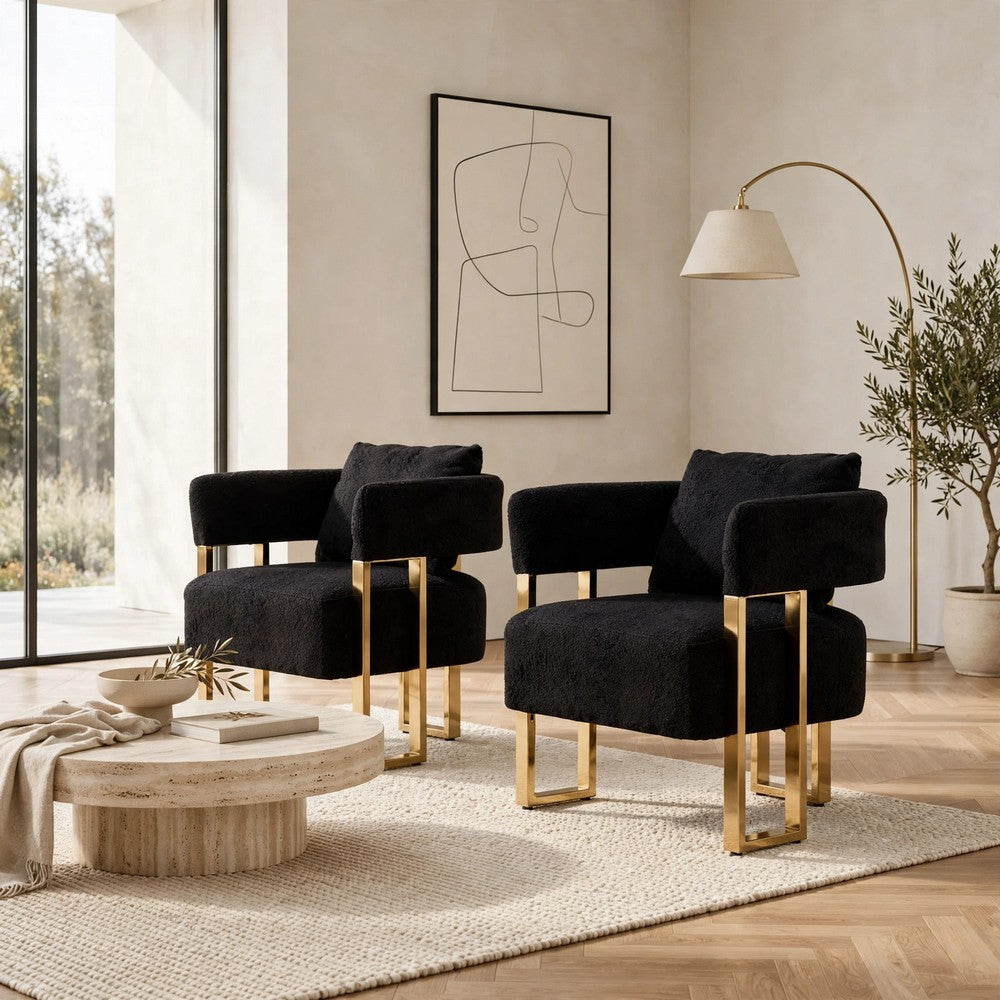 Sery Accent Sofa Chair Set of 2, Black Teddy Fleece, Gold Square Legs