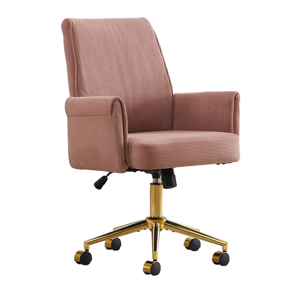 Swivel Office Chair, Light Pink Corduroy, Adjustable Height, Gold Base