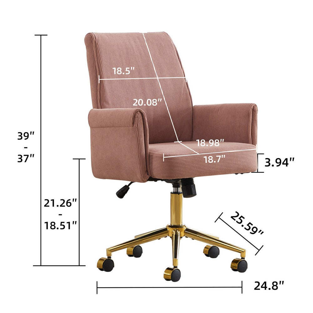Swivel Office Chair, Light Pink Corduroy, Adjustable Height, Gold Base