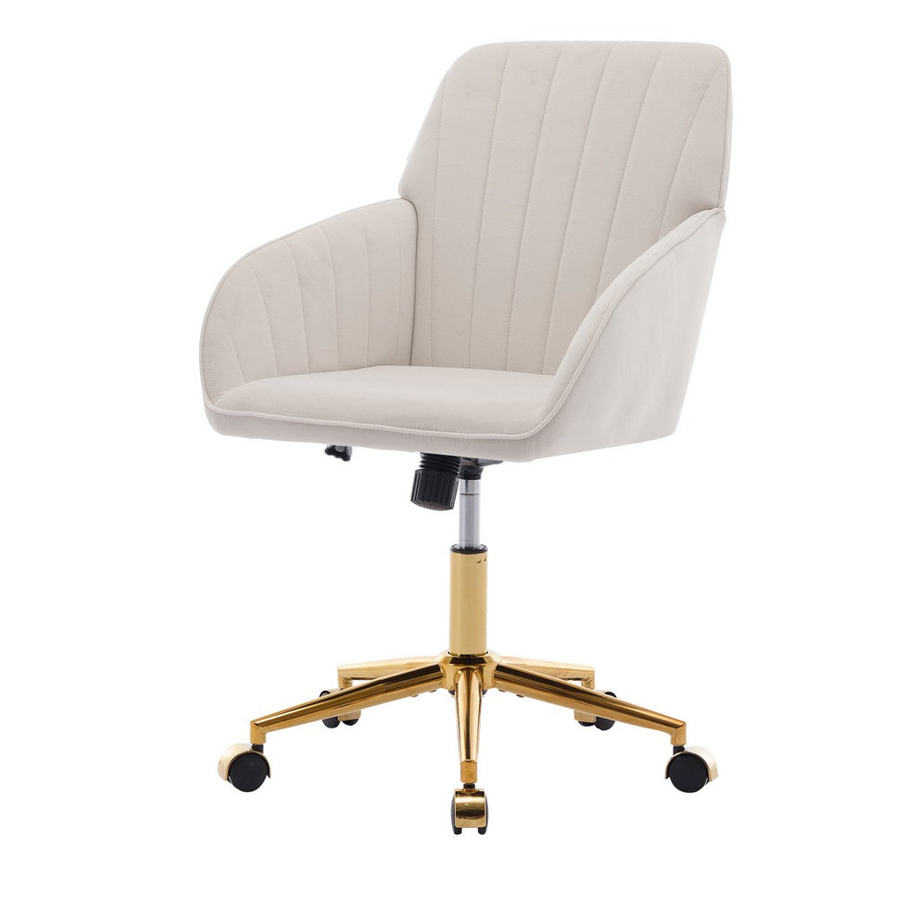 Kena Swivel Office Chair, Adjustable Height, Beige Tufted Velvet, Gold
