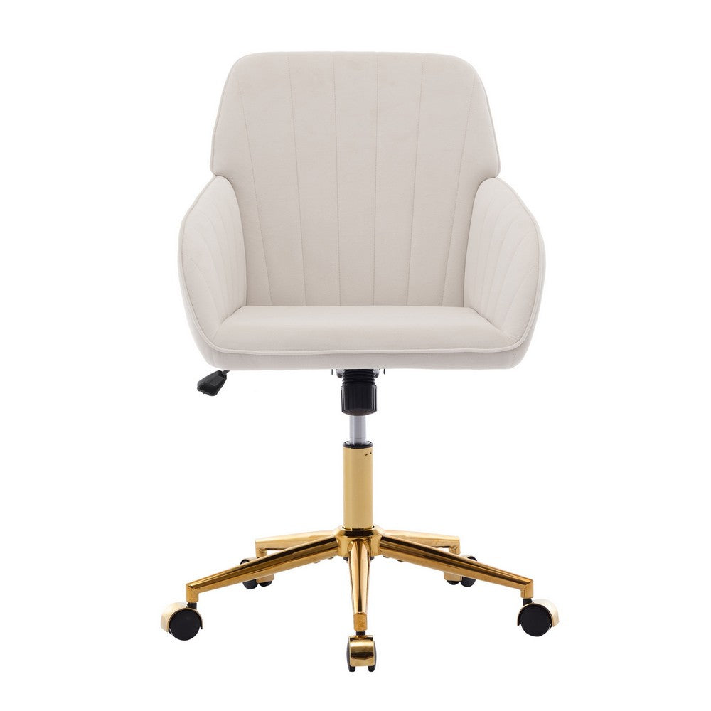 Kena Swivel Office Chair, Adjustable Height, Beige Tufted Velvet, Gold