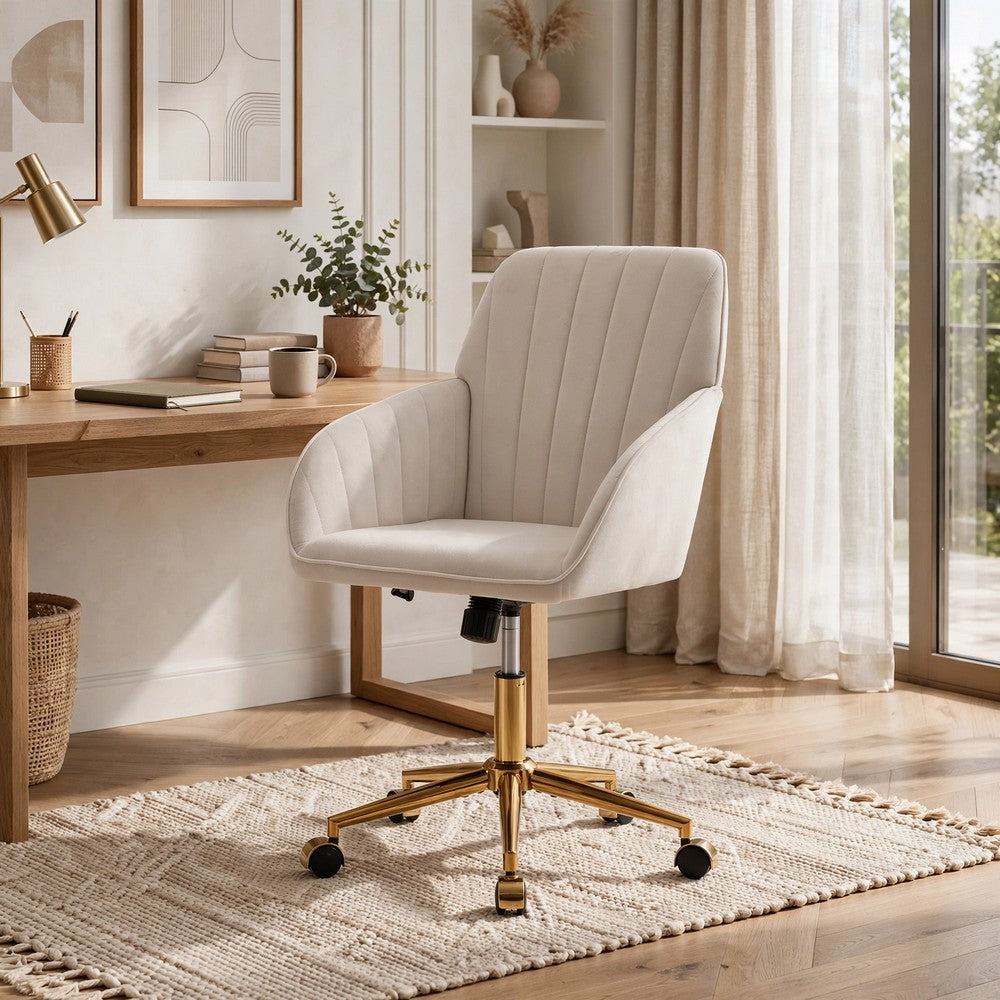 Kena Swivel Office Chair, Adjustable Height, Beige Tufted Velvet, Gold