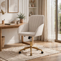 Kena Swivel Office Chair, Adjustable Height, Beige Tufted Velvet, Gold