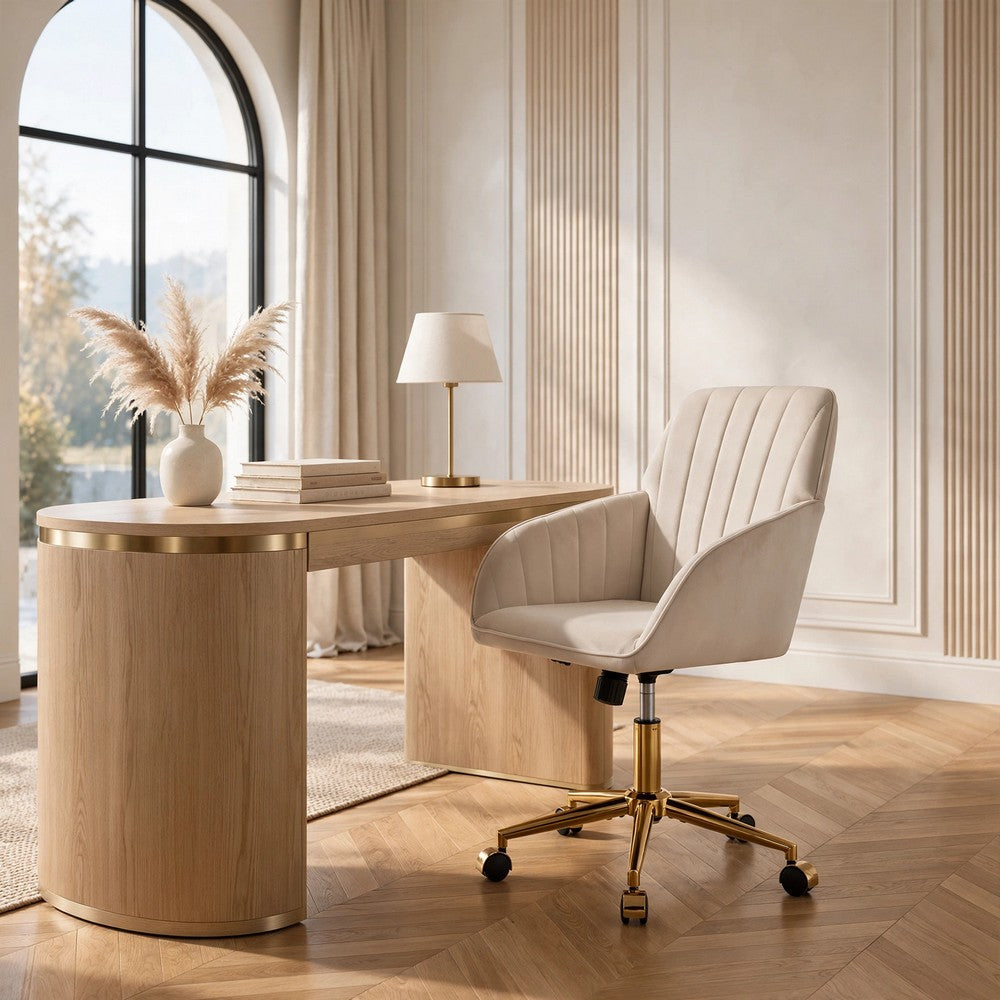 Kena Swivel Office Chair, Adjustable Height, Beige Tufted Velvet, Gold