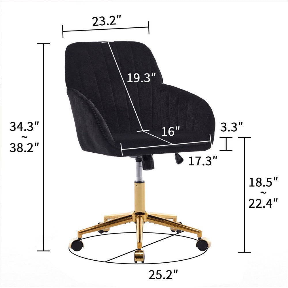 Kena Swivel Office Chair, Adjustable Height, Black Tufted Velvet, Gold
