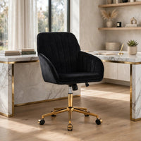 Kena Swivel Office Chair, Adjustable Height, Black Tufted Velvet, Gold