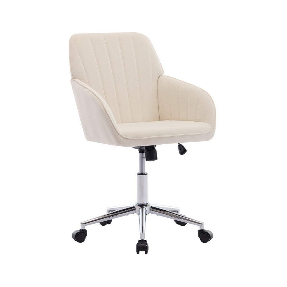 Kena Swivel Office Chair, Beige Tufted Velvet, Adjustable Height, Silver