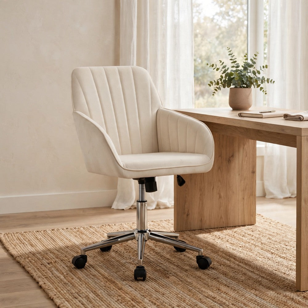 Kena Swivel Office Chair, Beige Tufted Velvet, Adjustable Height, Silver