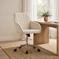 Kena Swivel Office Chair, Beige Tufted Velvet, Adjustable Height, Silver