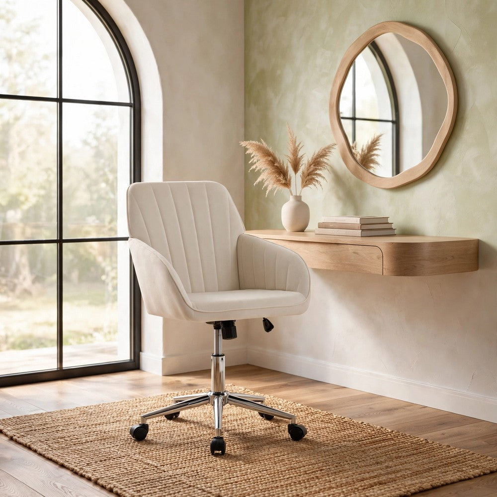 Kena Swivel Office Chair, Beige Tufted Velvet, Adjustable Height, Silver