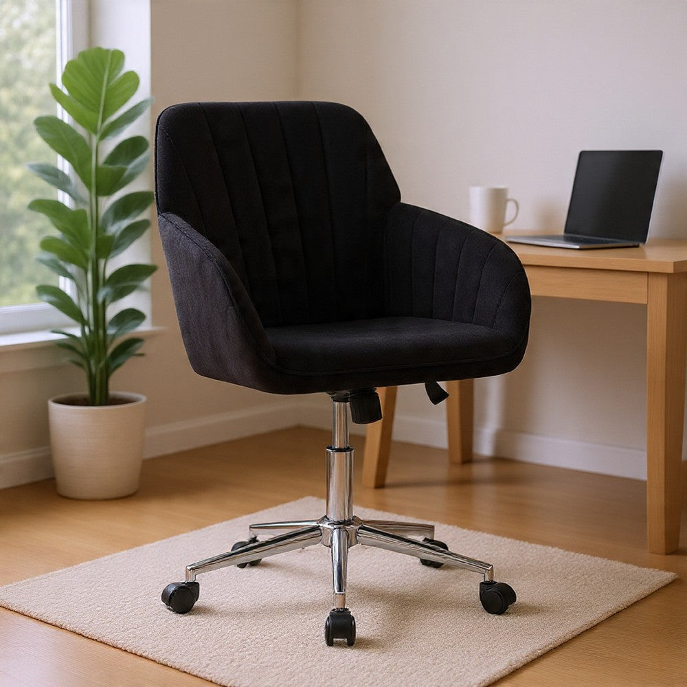 Kena Swivel Office Chair, Black Tufted Velvet, Adjustable Height, Silver