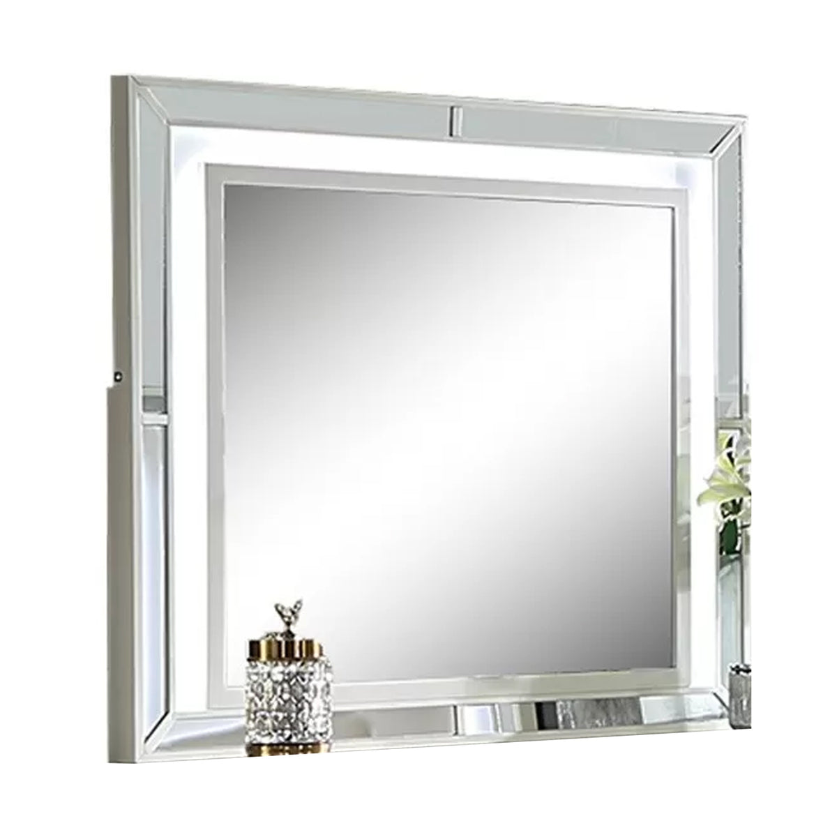 Pumi Dresser Mirror w LED, Glass Panel Trim, Ivory 38x44 Rectangular