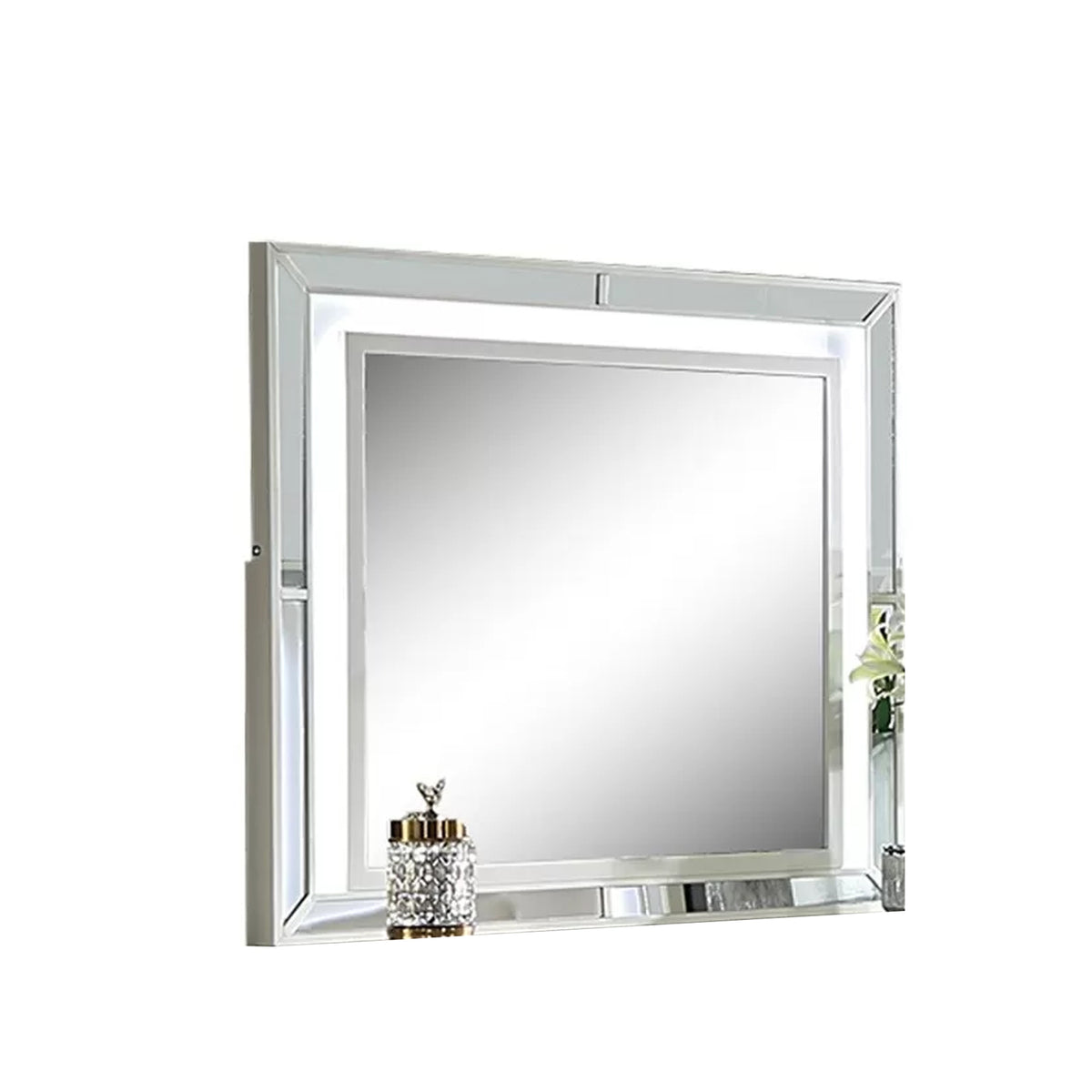 Pumi Dresser Mirror w LED, Glass Panel Trim, Ivory 38x44 Rectangular