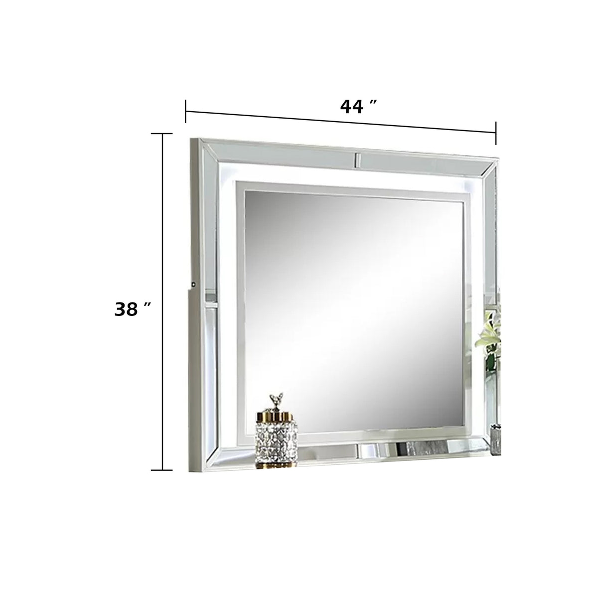 Pumi Dresser Mirror w LED, Glass Panel Trim, Ivory 38x44 Rectangular