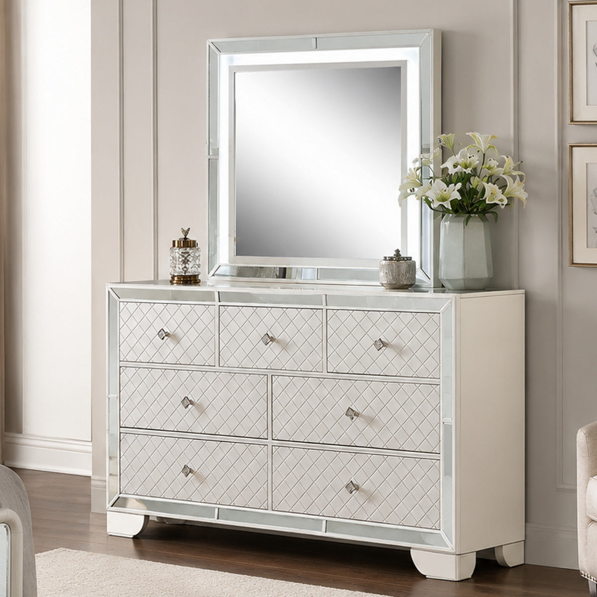 Pumi Dresser Mirror w LED, Glass Panel Trim, Ivory 38x44 Rectangular