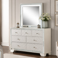 Pumi Dresser Mirror w LED, Glass Panel Trim, Ivory 38x44 Rectangular