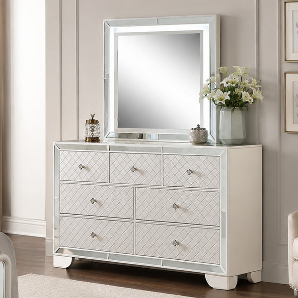Pumi Dresser Mirror w LED, Glass Panel Trim, Ivory 38x44 Rectangular