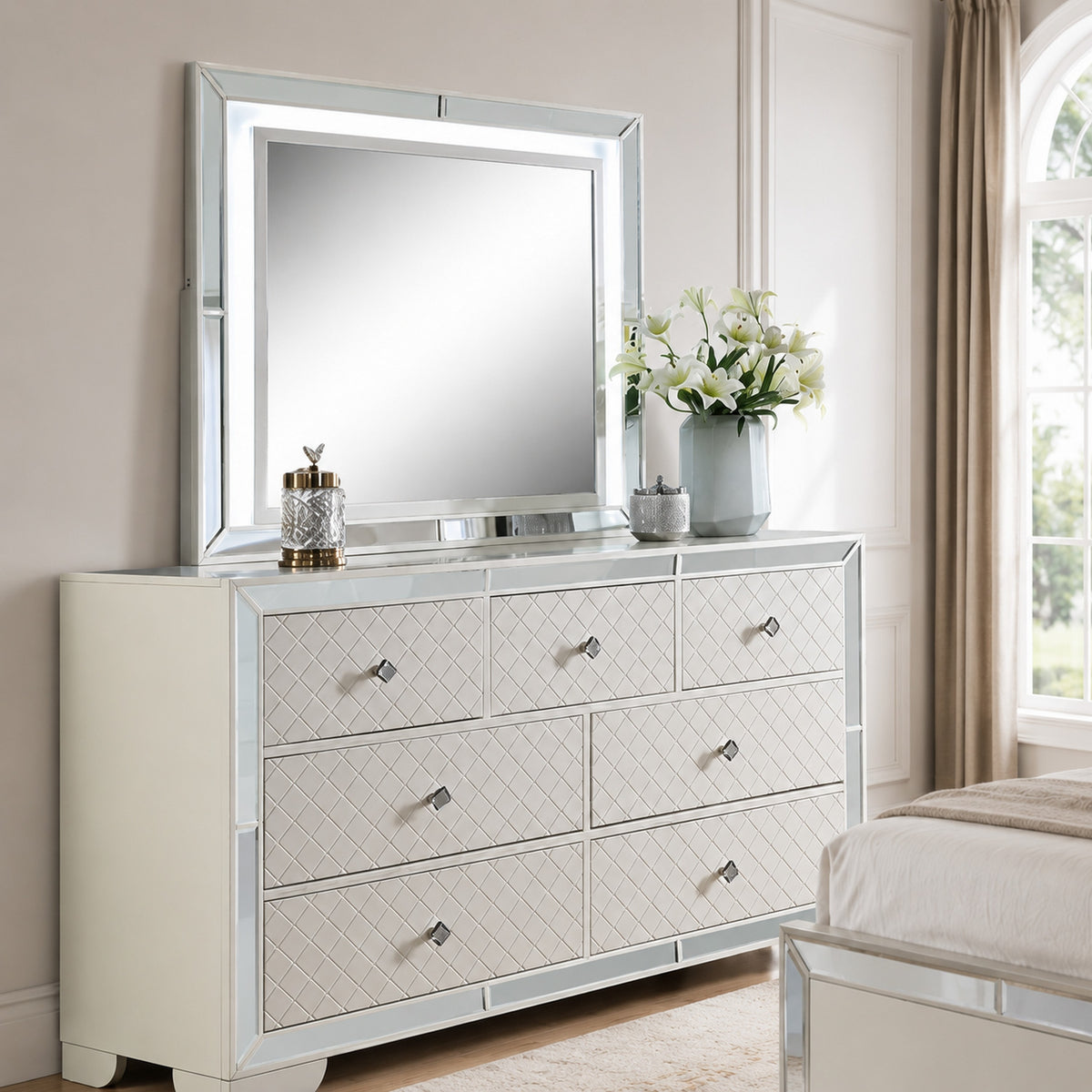 Pumi Dresser Mirror w LED, Glass Panel Trim, Ivory 38x44 Rectangular