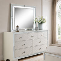 Pumi Dresser Mirror w LED, Glass Panel Trim, Ivory 38x44 Rectangular