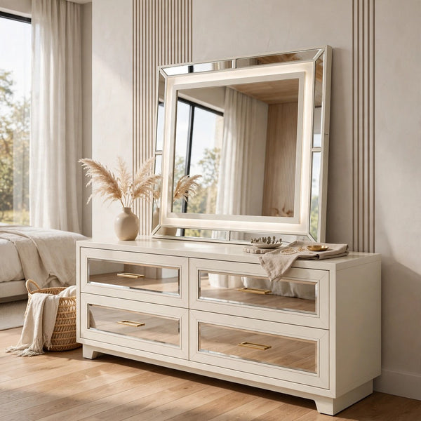 Pumi Dresser Mirror w LED, Glass Panel Trim, Ivory 38x44 Rectangular