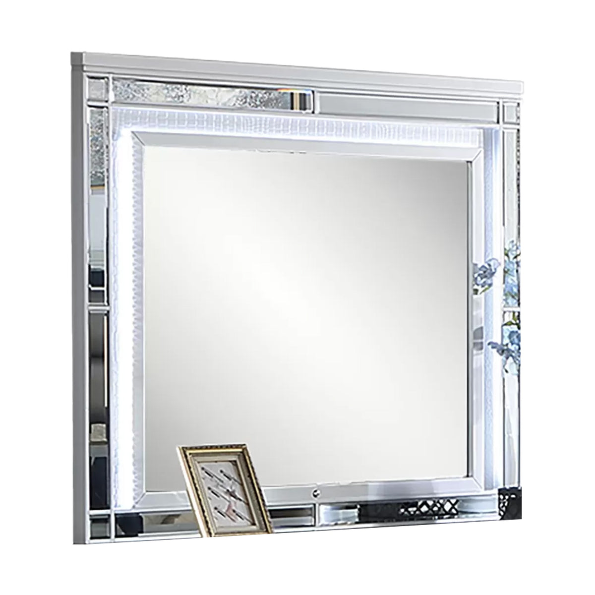 Liva Dresser Mirror w LED, Glass Panel Trim, Silver 38x44 Rectangular