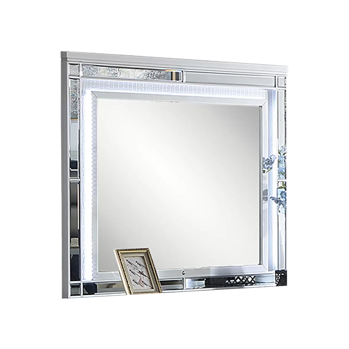 Liva Dresser Mirror w LED, Glass Panel Trim, Silver 38x44 Rectangular