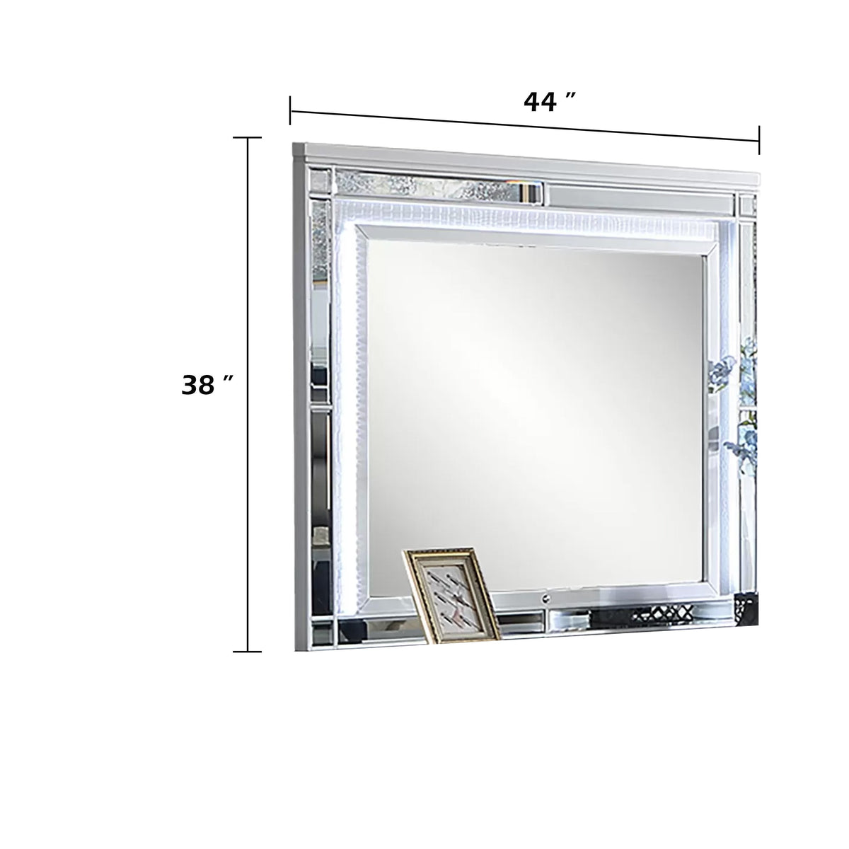 Liva Dresser Mirror w LED, Glass Panel Trim, Silver 38x44 Rectangular