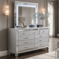Liva Dresser Mirror w LED, Glass Panel Trim, Silver 38x44 Rectangular