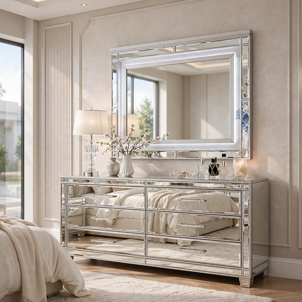Liva Dresser Mirror w LED, Glass Panel Trim, Silver 38x44 Rectangular