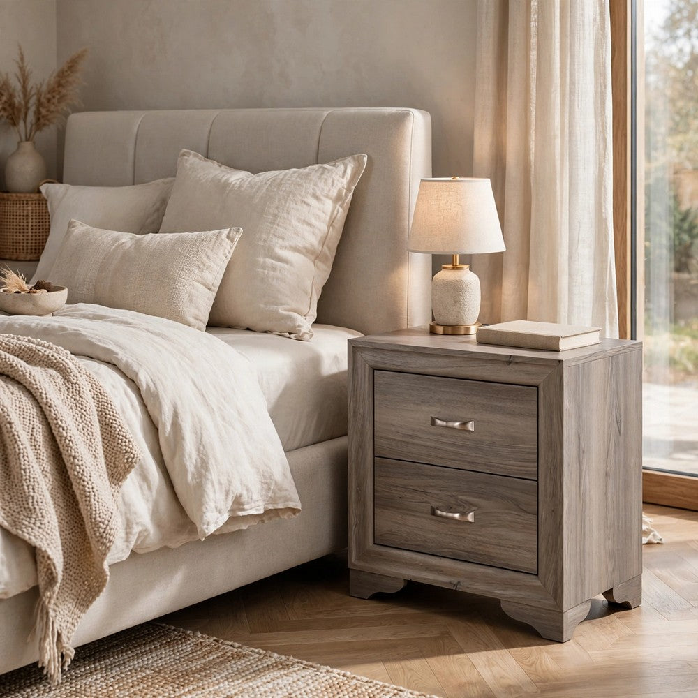 Aaz Nightstand, 2 Drawers, Silver Handles, Weathered Gray