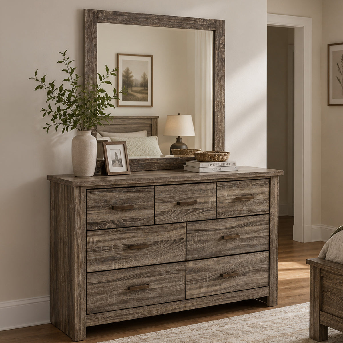 Ency Dresser Mirror, Framed Border, Textured Brown 38x43 Rectangular