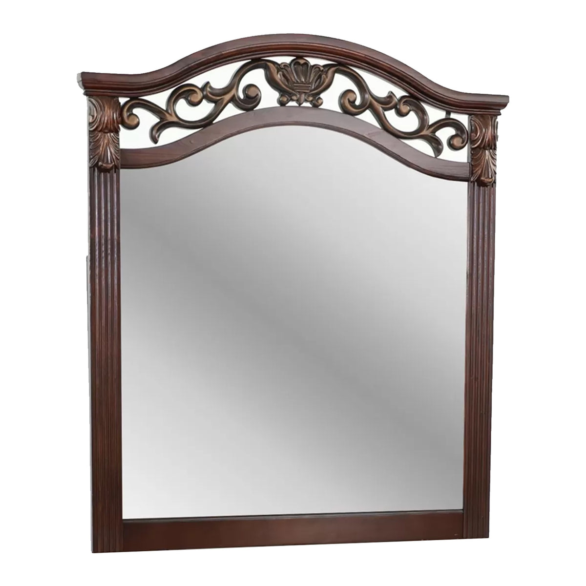 Ansa Arched Dresser Mirror, Carved Frame, Dark Cherry Brown Wood 37x41