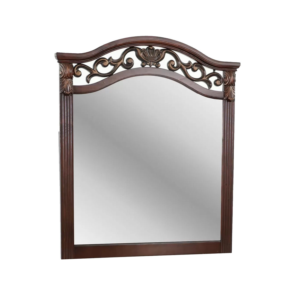 Ansa Arched Dresser Mirror, Carved Frame, Dark Cherry Brown Wood 37x41