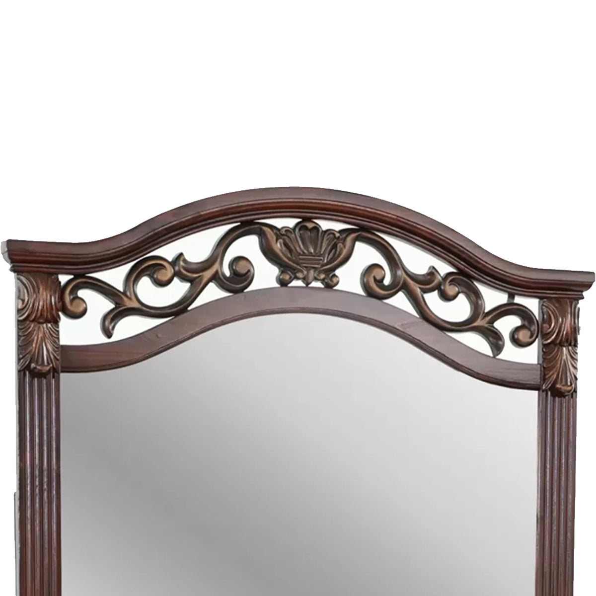 Ansa Arched Dresser Mirror, Carved Frame, Dark Cherry Brown Wood 37x41