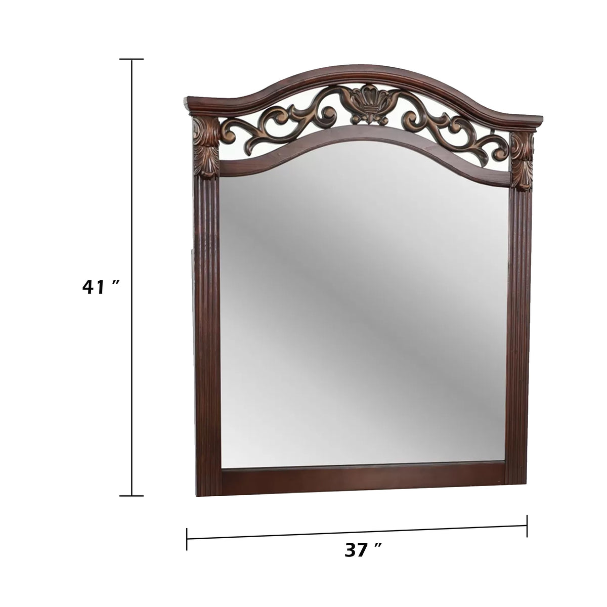 Ansa Arched Dresser Mirror, Carved Frame, Dark Cherry Brown Wood 37x41